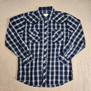 Western Button Up Shirt Mens 44x26 Black Blue Plaid Embroidered Yoke Tuff Jeans